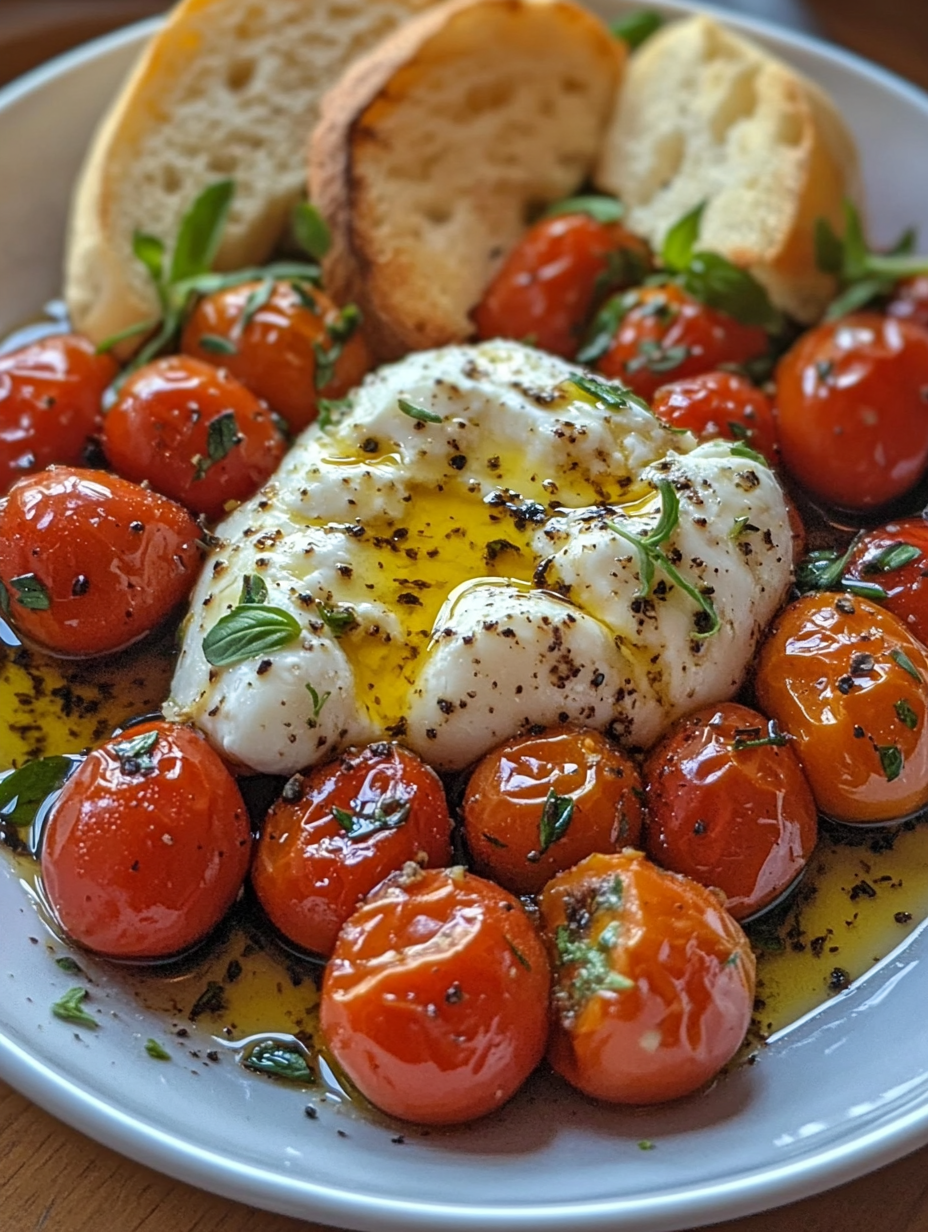 Plate of roasted cherry tomatoes with creamy burrata, drizzled with balsamic glaze and garnished with fresh basil, served alongside crusty bread.