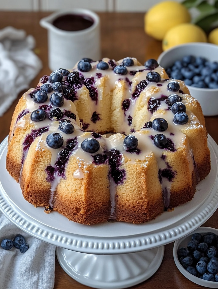 A golden-brown Lemon Blueberry Pound Cake topped with a shiny lemon glaze, garnished with fresh blueberries and lemon slices, on a white plate.