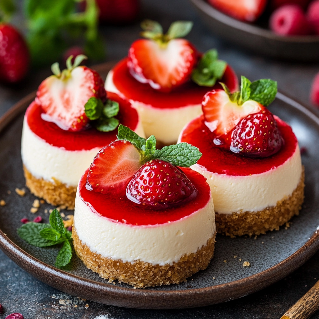 Close-up of crunchy strawberry cheesecake bites, featuring a graham cracker crust, creamy cheesecake filling, and fresh strawberry slices drizzled with glossy strawberry jam. Perfect bite-sized dessert for parties or everyday treats.