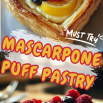 Flaky puff pastry filled with creamy mascarpone, fresh berries, and a hint of lemon, served on a rustic plate with a drizzle of honey.