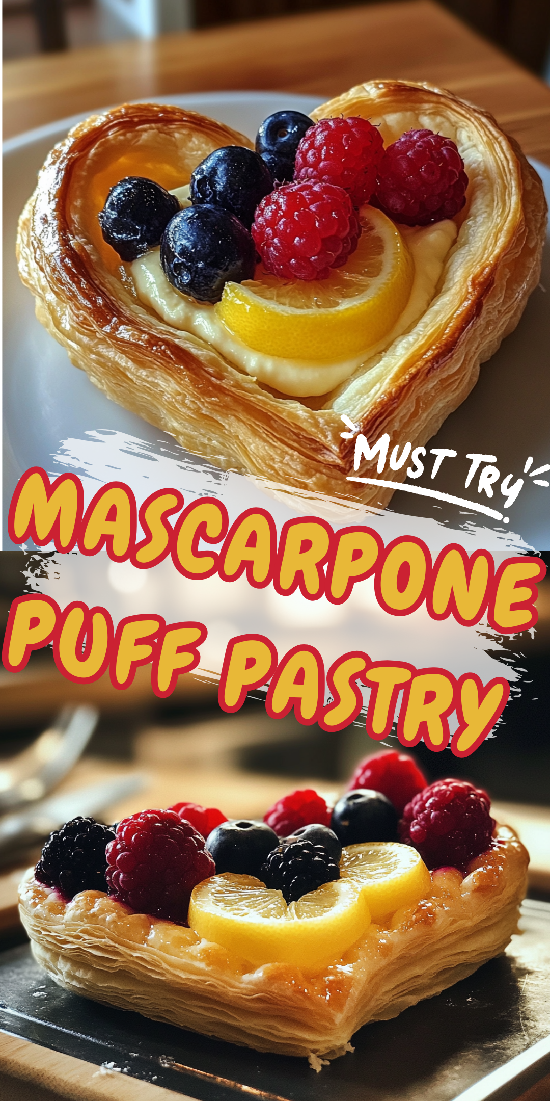 Flaky puff pastry filled with creamy mascarpone, fresh berries, and a hint of lemon, served on a rustic plate with a drizzle of honey.