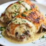 A plate of Texas Roadhouse Smothered Chicken featuring golden chicken breasts topped with melted cheese, sautéed mushrooms, and onions, served alongside mashed potatoes and steamed vegetables.