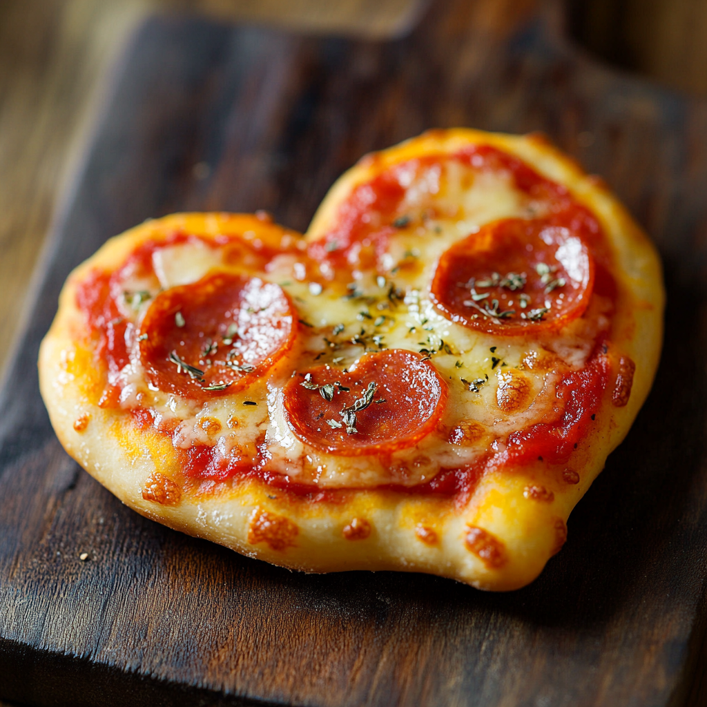 Heart-shaped mini pizzas topped with melted mozzarella, pepperoni, and fresh basil, served on a wooden board.