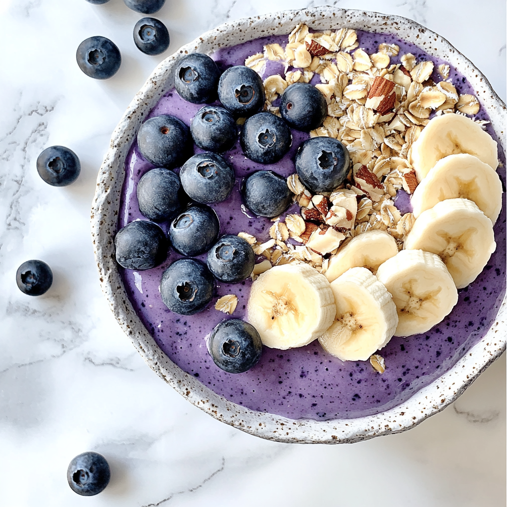 A jar of creamy blueberry overnight oats topped with fresh blueberries and a sprinkle of chia seeds, served on a wooden table.