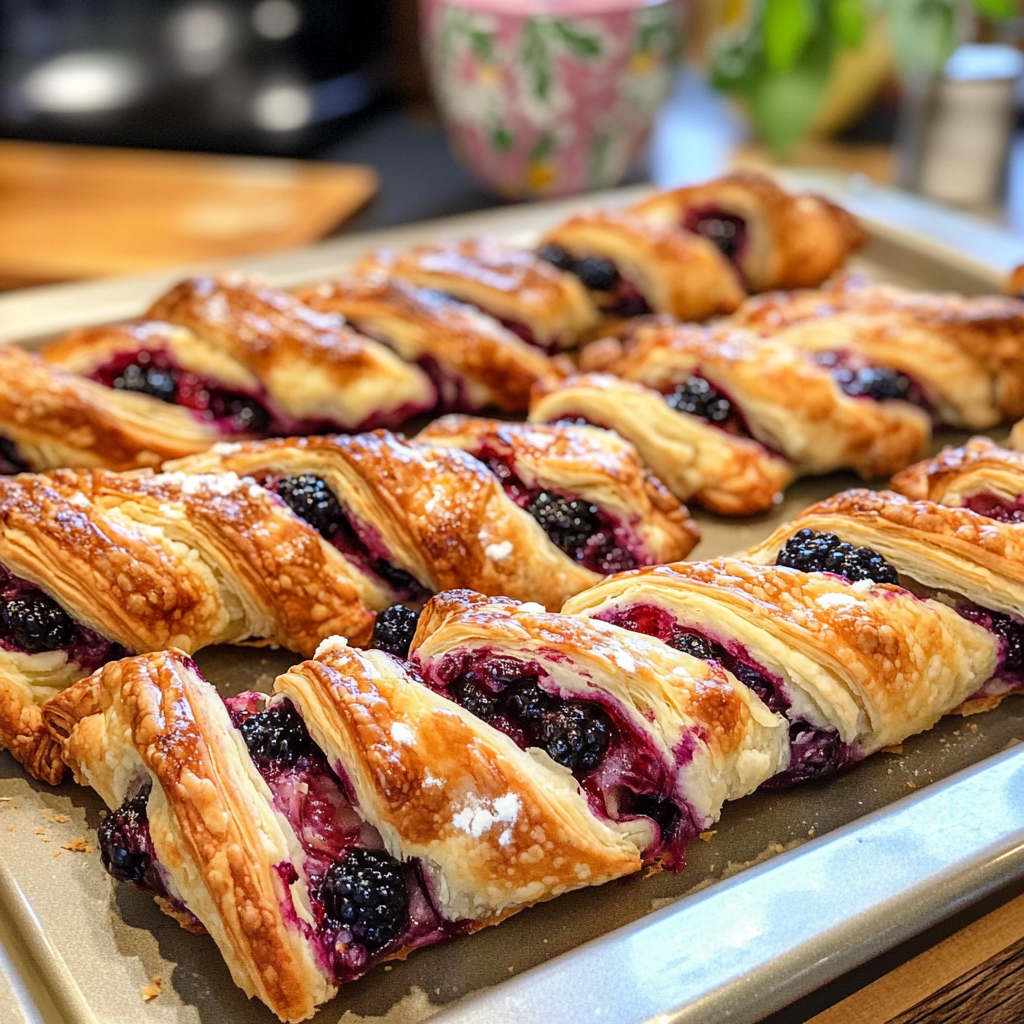 Golden-brown blackberry pastry twists with vibrant purple swirls, served on a parchment-lined tray