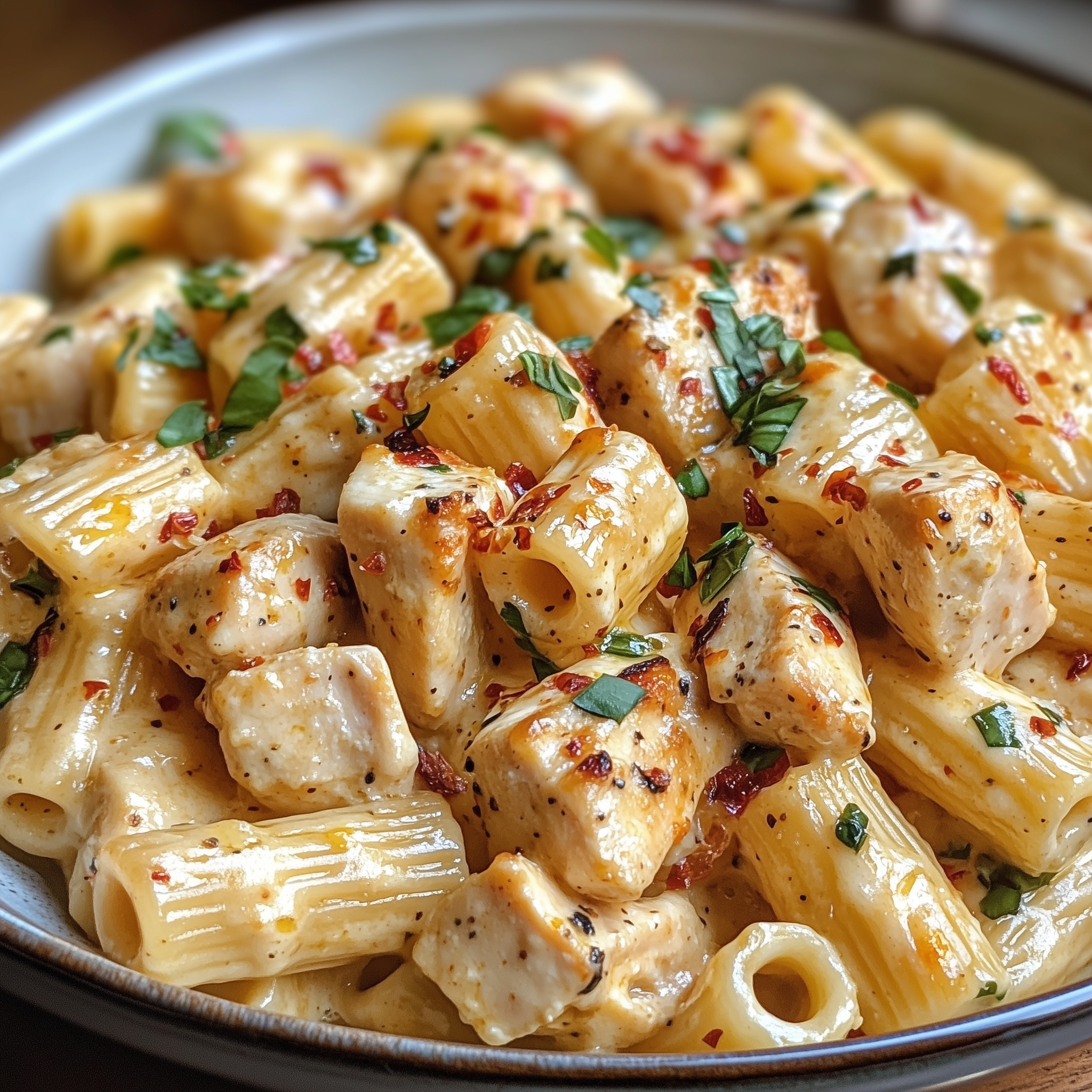 plate of creamy ricotta chicken pasta garnished with fresh basil, showcasing tender chicken pieces, smooth ricotta sauce, and perfectly cooked pasta.