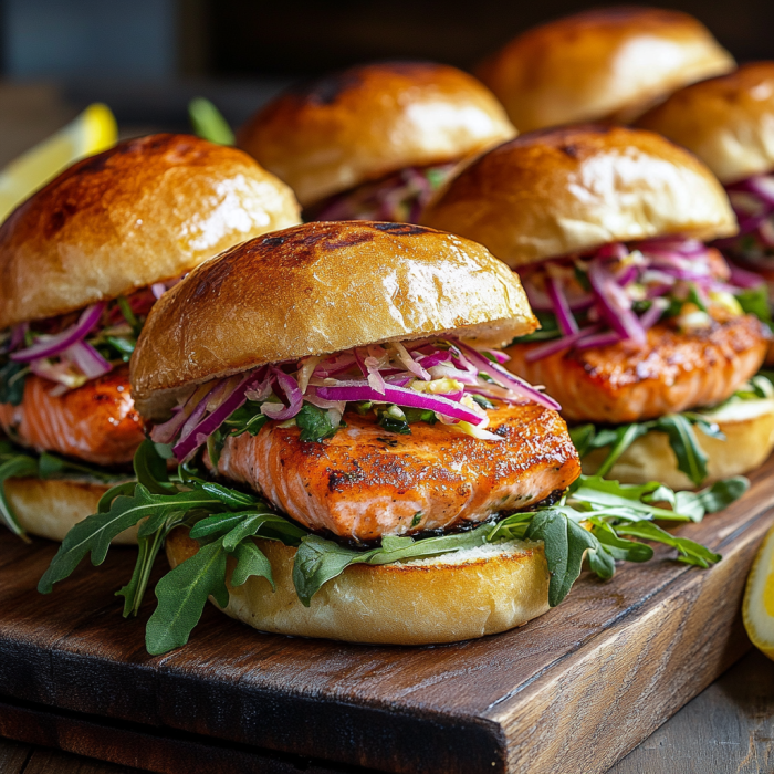 inesboulila A row of crispy salmon sliders each featuring a gol 377dd5e3 708d 4769 8f03 5c1e5e4304b6