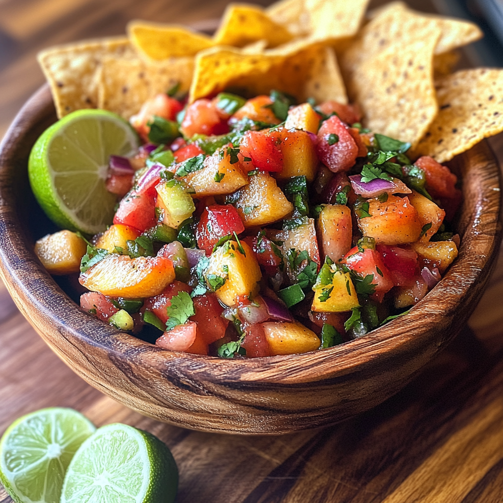 inesboulila A rustic wooden bowl filled with fresh peach salsa f803fa88 a795 4af3 b07f 7ab7eb2f2e74